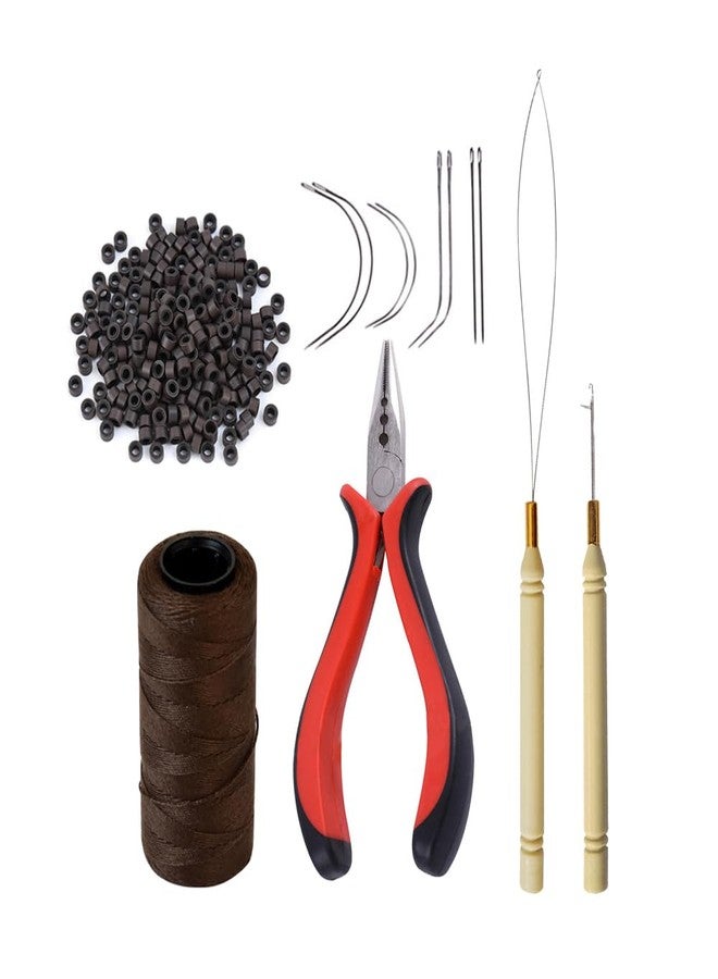 ياتشيو مجموعة أدوات وصلات الشعر: 200 قطعة من خرز الوصلات الدقيقة المبطنة بالسيليكون، كماشة شعر بثلاثة ثقوب، بكرة خيط خياطة، أداة تمرير الخيط في إبرة الحلقة، إبرة سحب الخطاف، 8 إبر خياطة (بني داكن) - Image 1